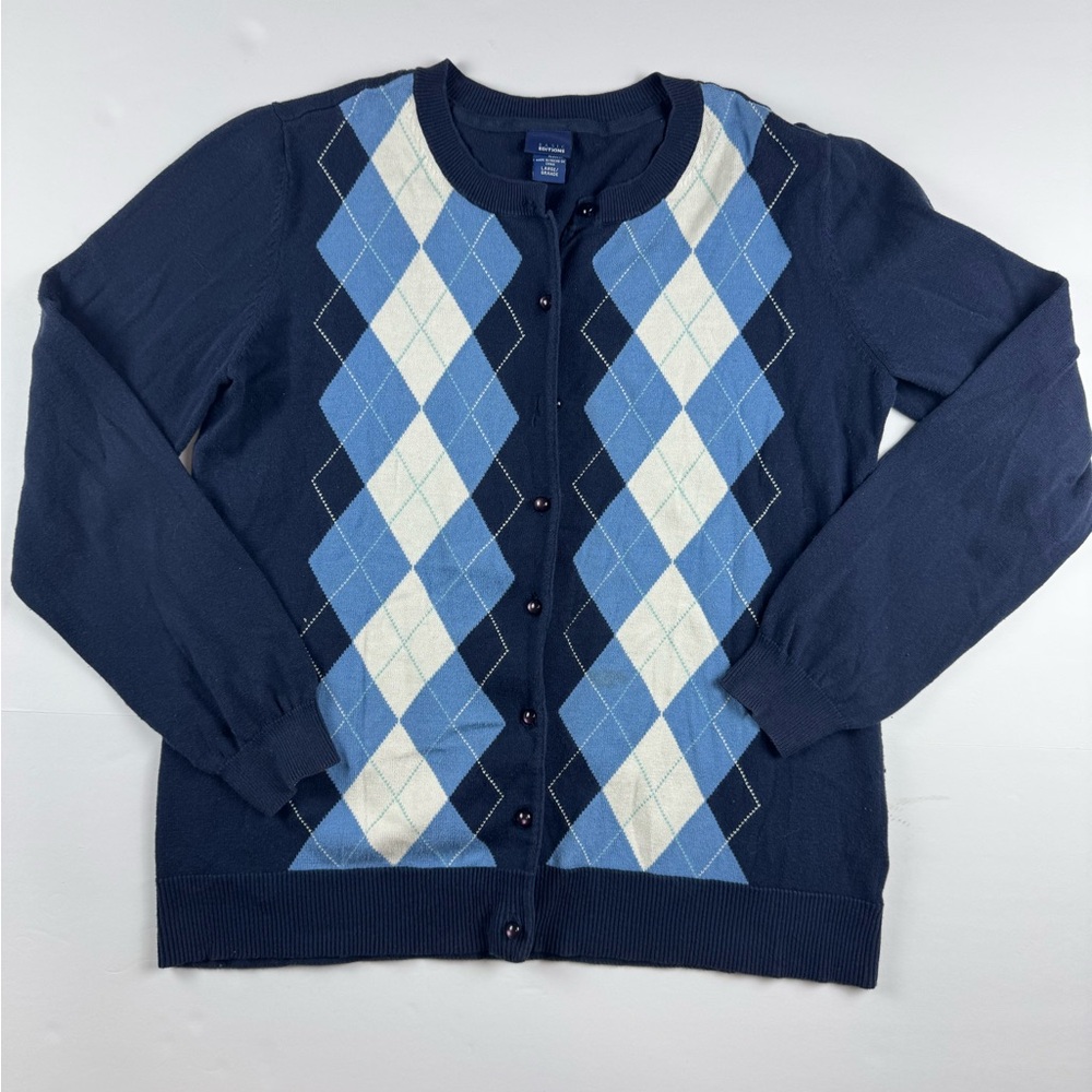 Basic Editions Navy and Light Blue Argyle long sleeve button up cardigan Large